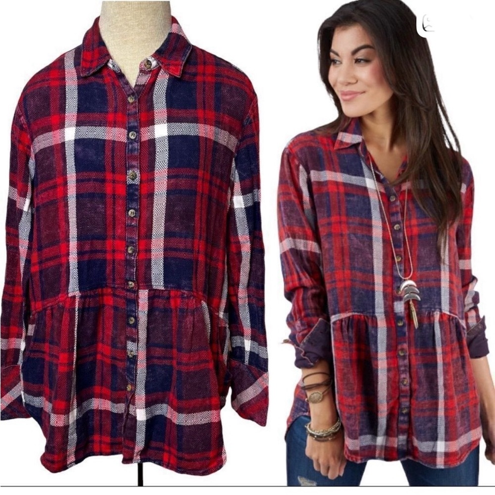 Free People “Easy Street”Distressed Red Plaid Flannel w/ Side Pockets Size L